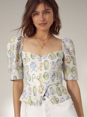 NWT Wilfred Fatale Linen blouse with Puff Sleeves & Vase Print ~ Size Large